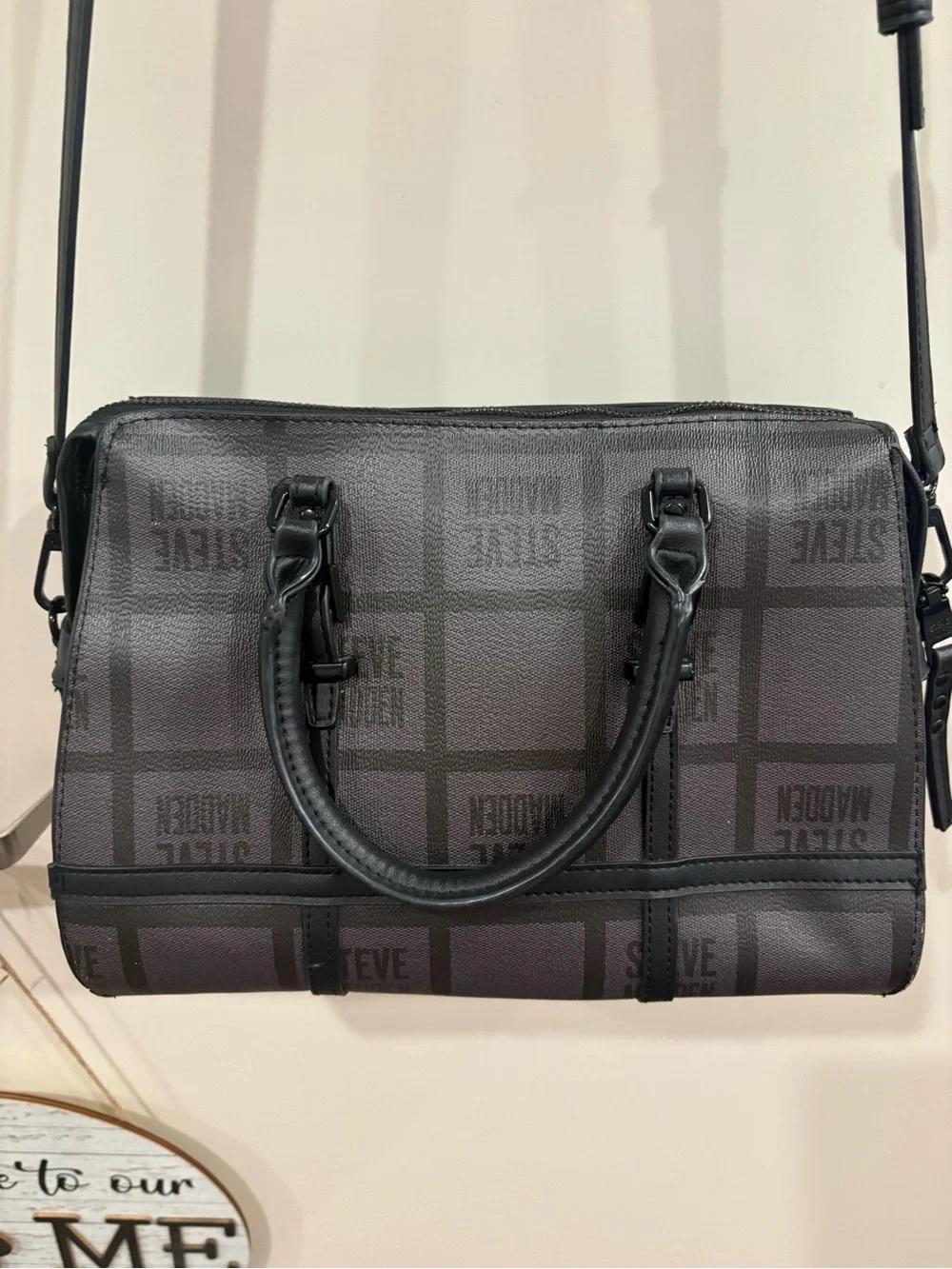 Steve Madden Black and Gray Logo Grid Satchel